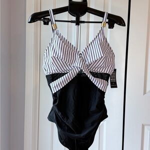 Brand New Black and White Striped Women's One Piece Swimsuit